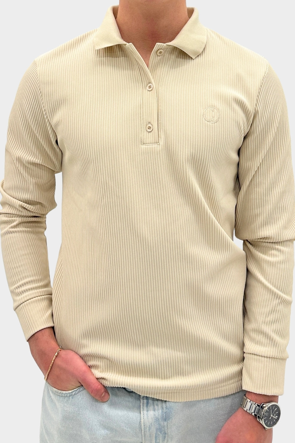 THE RIBBED LONGSLEEVE POLO BEIGE